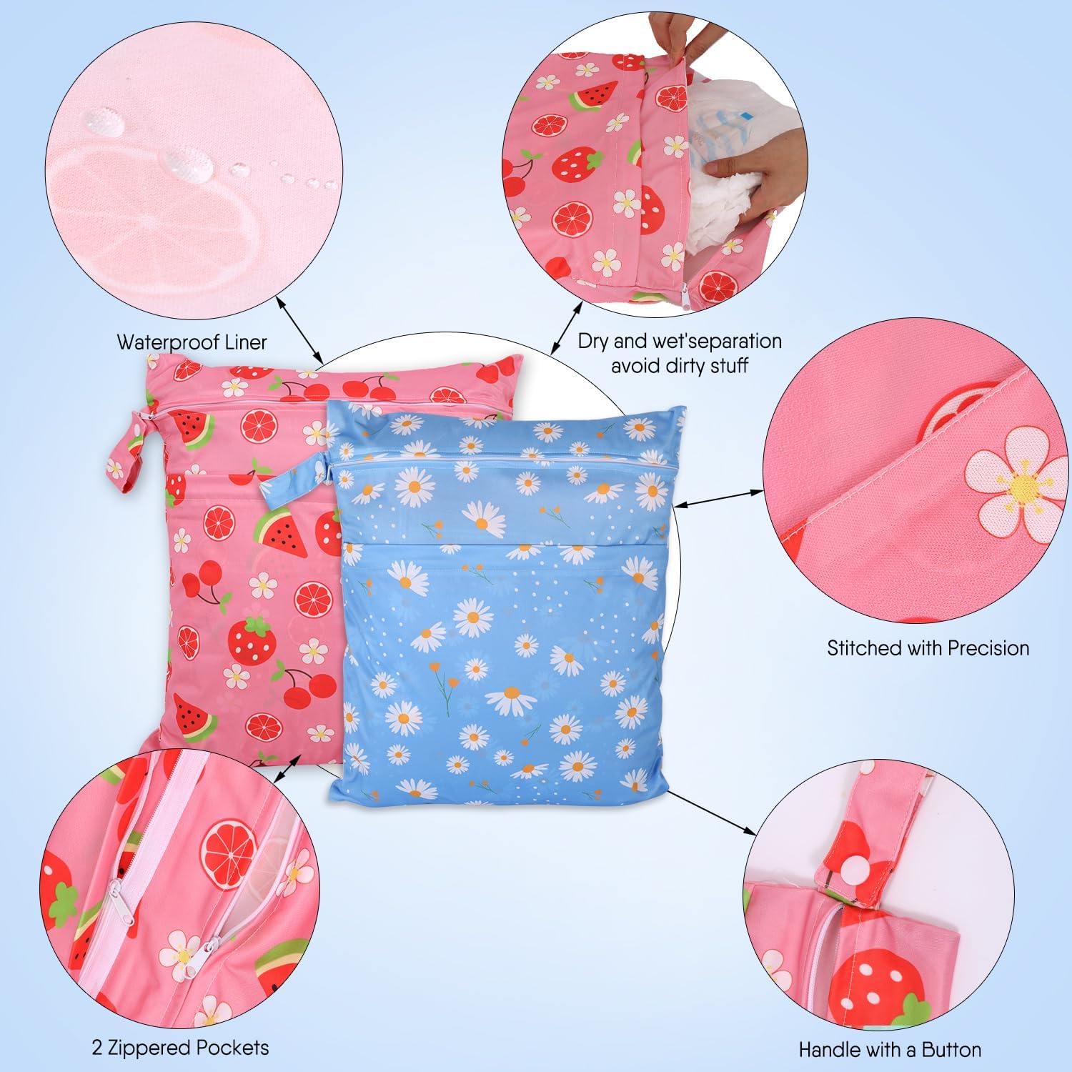 2pcs Travel Waterproof Laundry Bag, Cloth Diaper Wet Dry Bags with Handle & 2 Zipper Pockets, Reusable Washable Dirty Clothes Bag for Baby Adult Travelling Hanging, Bathing Beach Pool Daycare image 2