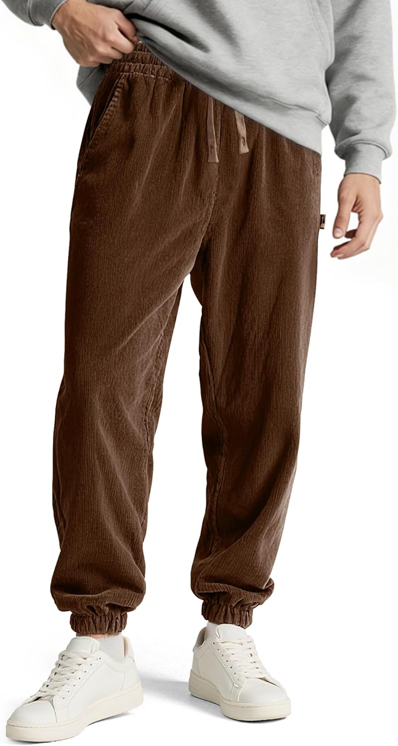 Comdecevis Mens Corduroy Pants Stretch Joggers Tapered Elastic Waist Drawstring Cargo Casual Baggy Sweatpants with Pockets