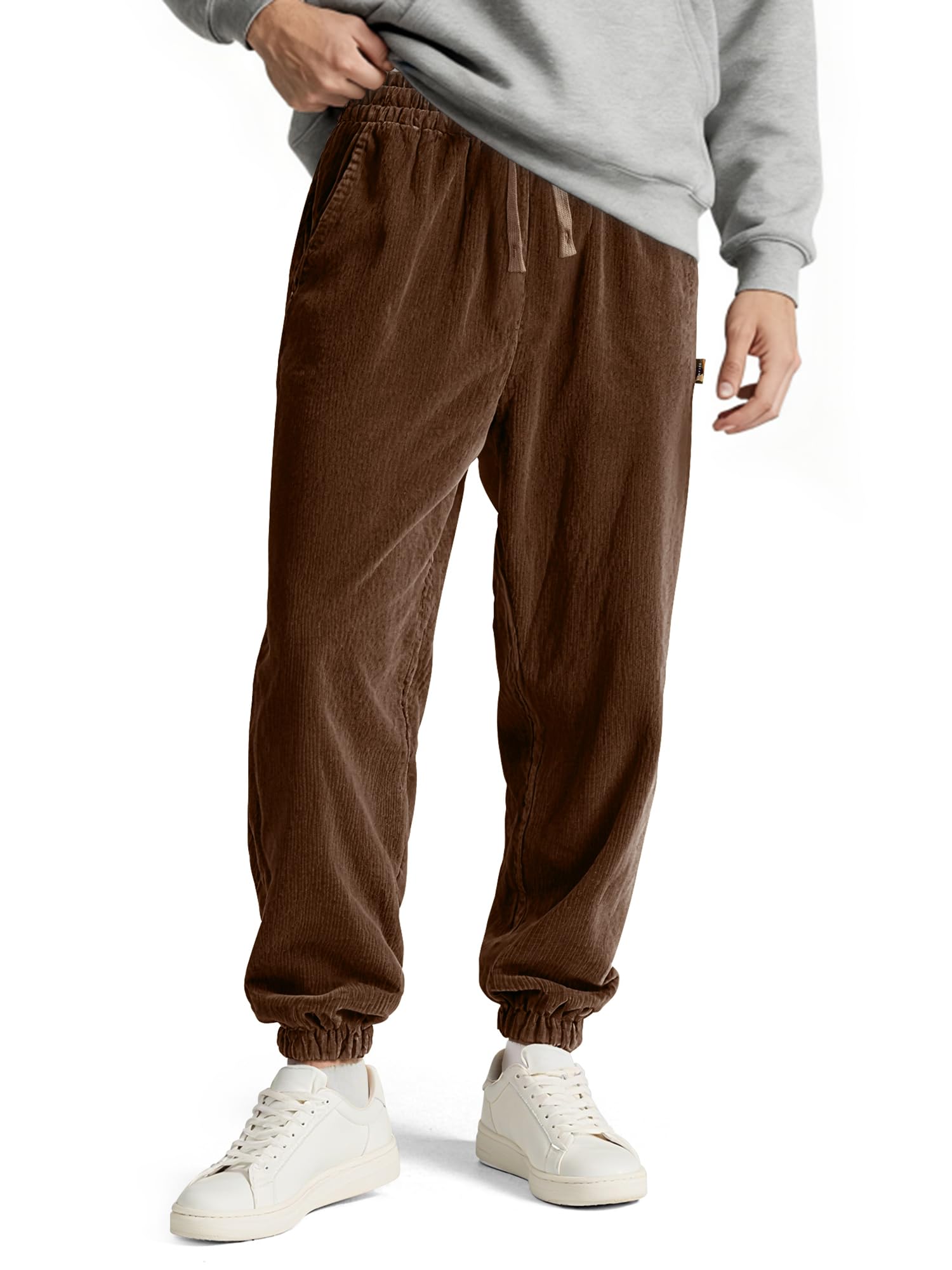 Mens Corduroy Pants Stretch Joggers Tapered Elastic Waist Drawstring Cargo Casual Baggy Sweatpants with Pockets