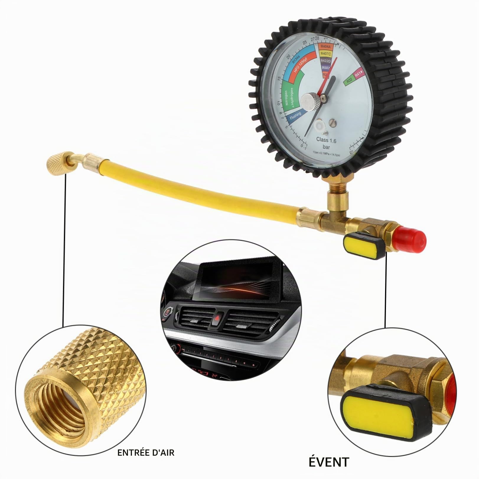 Cabilock Manomètre de Pression D'azote pour Climatisation et Réfrigération, Jauge de Test de Pression Gaz, Compatible Clim Auto et Domestique, Structure Sphérique, Indicateur Précis, Outil