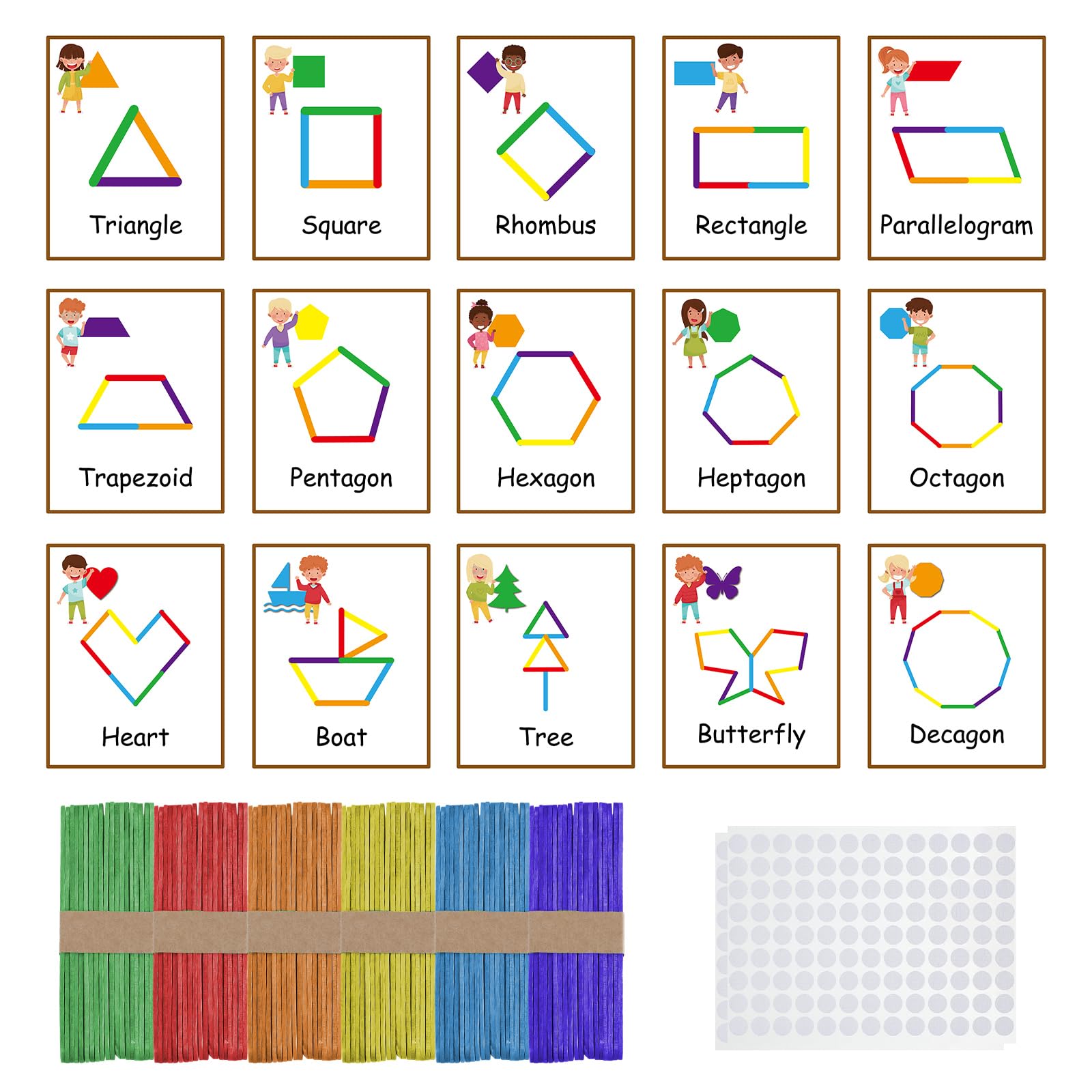 Noveread 252 Pcs Wooden Sticks Shapes Activity Game Basic Shapes Cards Kit Include 15 Shape Learning Flash Cards 120 Multi Purpose Wooden Sticks 117 White Hook and Loop Strips Educational Learning Toy