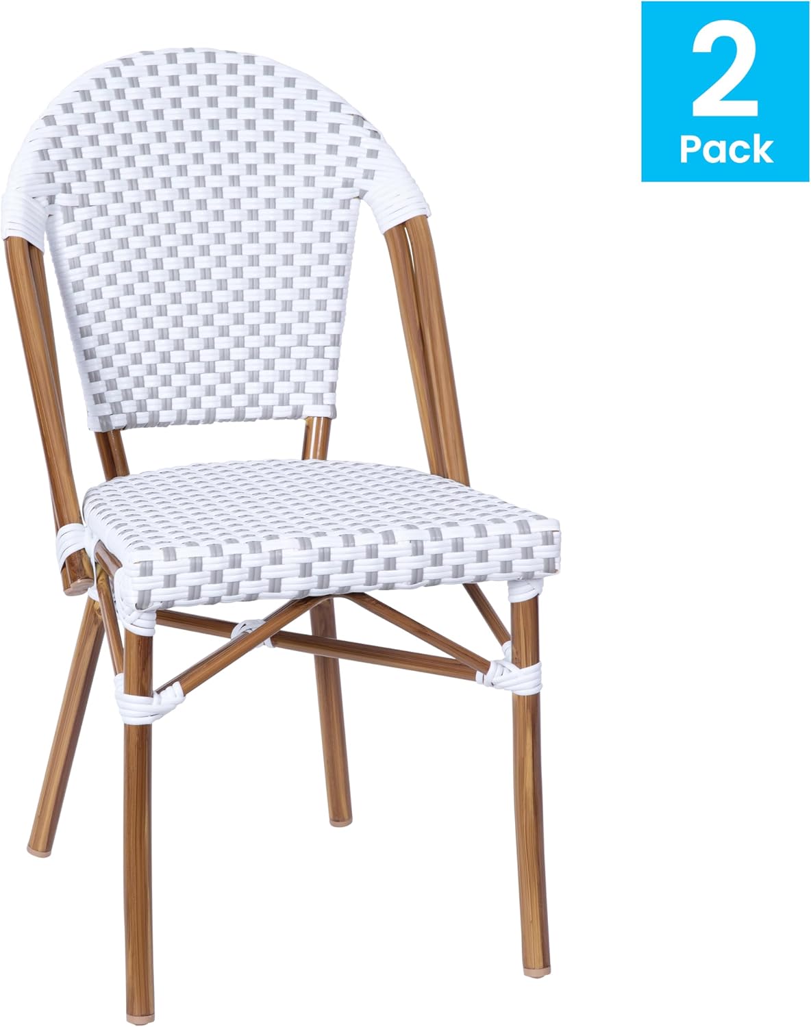 Flash Furniture Lourdes Set of 2 Indoor/Outdoor Commercial Bistro Stack Chairs - White/Gray PE Rattan Back and Seat - Natural Bamboo Print Aluminum Frame