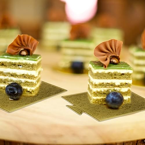 Vista 5 de Lainrrew Mini tablas para tartas, 200 unidades, color dorado, estampado floral, cuadrado, cartón, apto para alimentos, a prueba de grasa, resistente