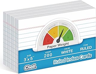 Chell 200 Count Index Cards 3x5 Inch Heavyweight, Ruled Front and Blank Back, 65 lb. Cover Weight, White