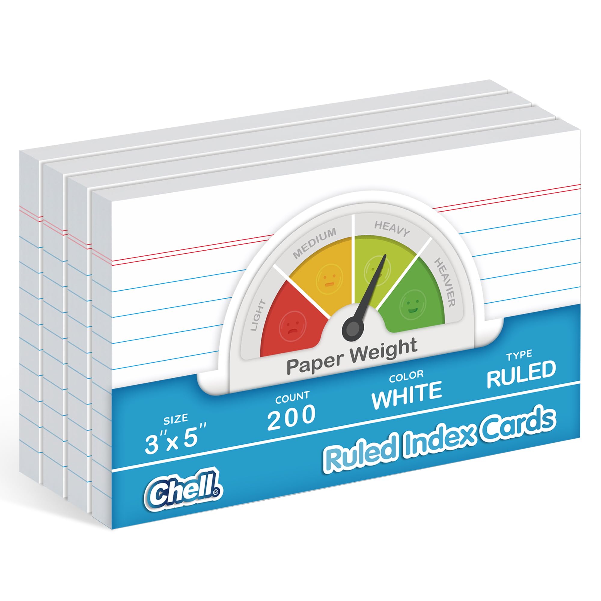 Chell 200 Count Index Cards 3x5 Inch Heavyweight, Ruled Front and Blank Back, 65 lb. Cover Weight, White