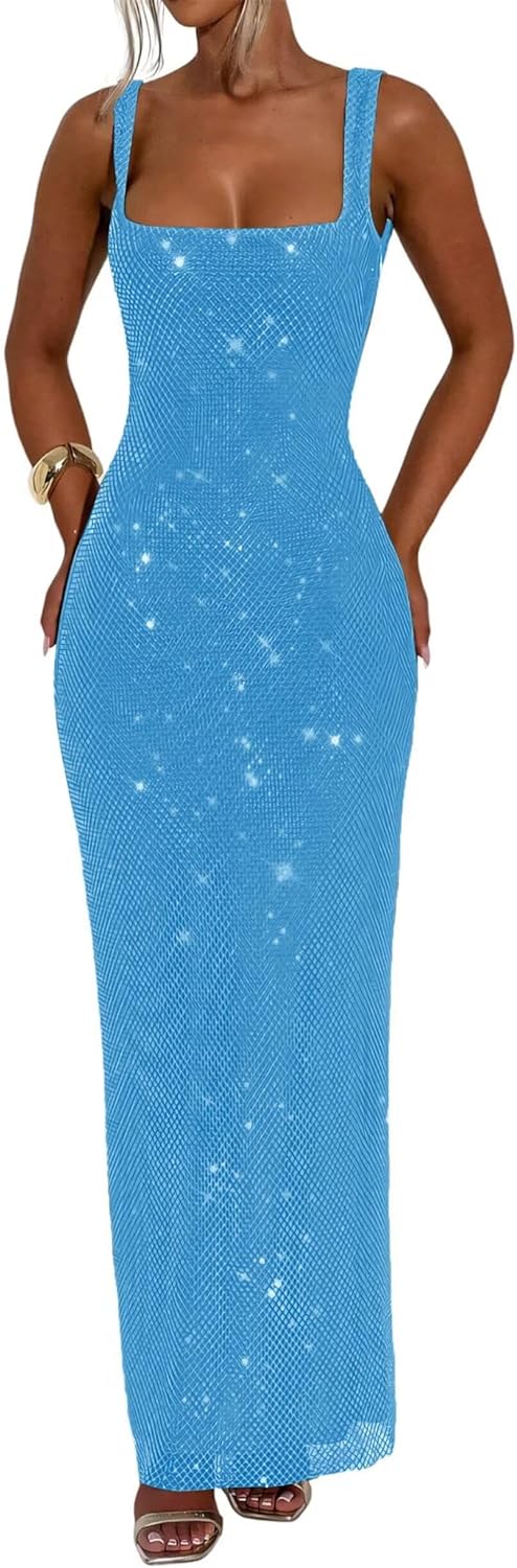 Sexy Sequin Prom Dress Square Neck Bodycon Tube Spaghetti Straps Formal Maxi Party Dress