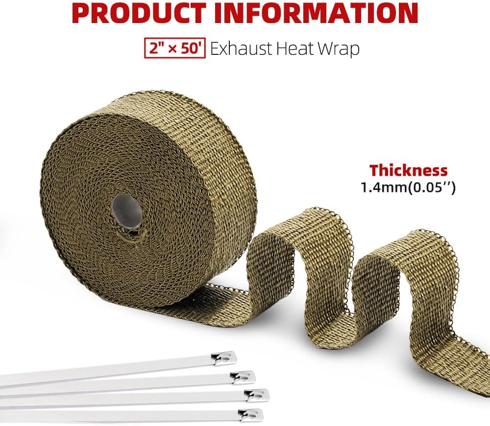 BARTOO 2" x 50' Titanium Exhaust Heat Wrap Roll for Motorcycle, Basalt Fiber Header Wrap Tape with Stainless Steel Ties