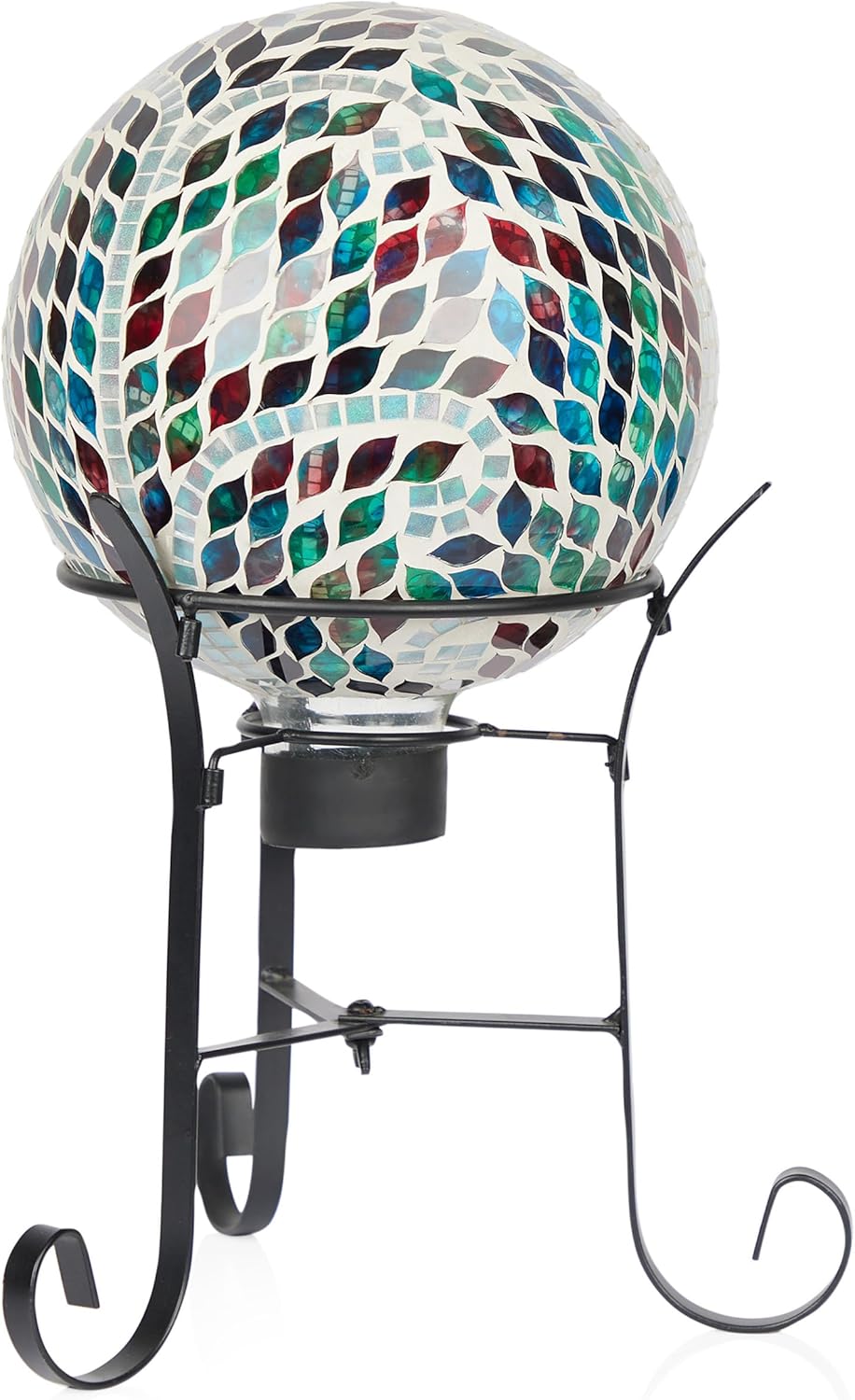Alpine Corporation 8" Diameter Outdoor Mosaic Gazing Globe with Scroll Pattern and Metal Stand, Gazing Balls Yard Decor, 15" H - Green