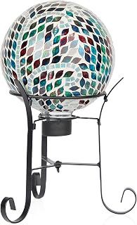 Alpine Corporation 8" Diameter Outdoor Mosaic Gazing Globe with Scroll Pattern and Metal Stand, Gazing Balls Yard Decor, 15" H - Green