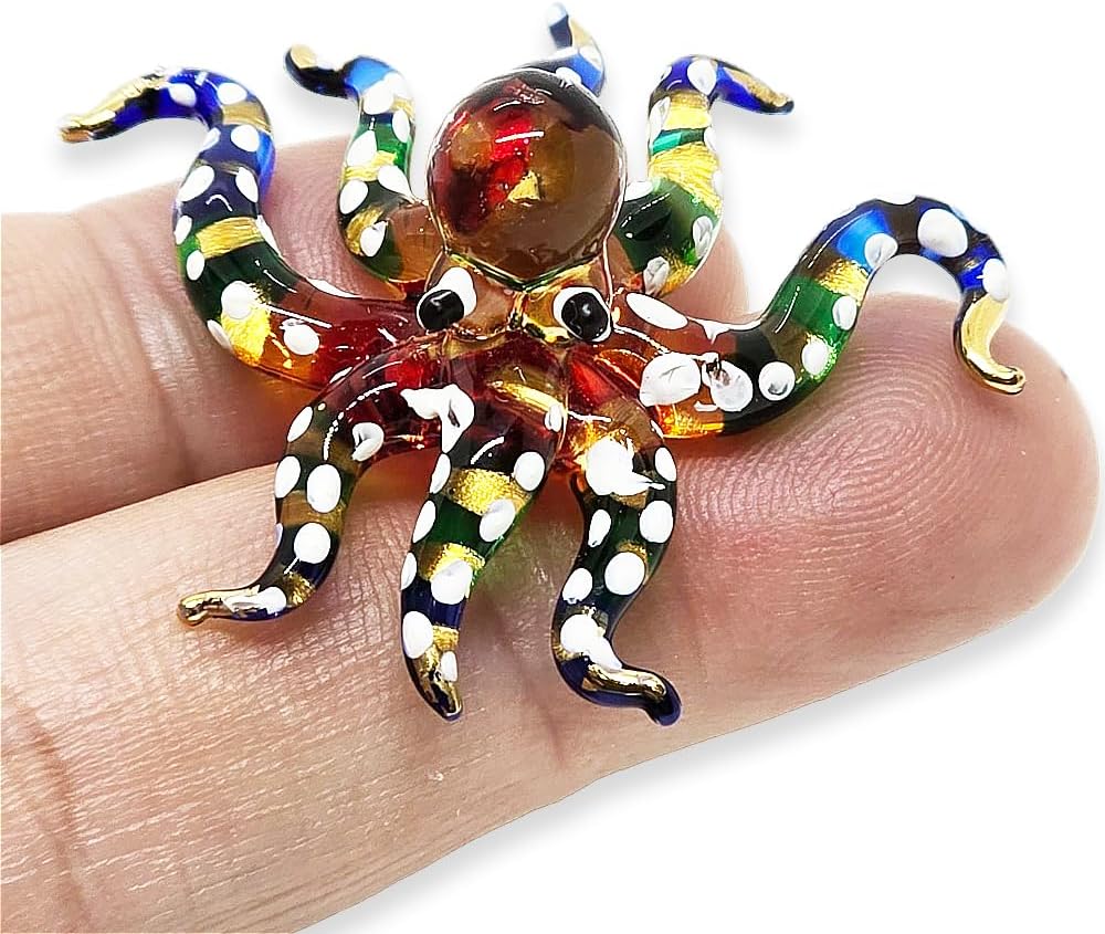 WitnyStore 1¼" White Dot Multicolor Octopus Artistic Blown Glass Figurine Premium Hand-Blown Statue Tabletop Decoration Unique Collectible for Adult Collectors Handcrafted Elegant Home Room Decor