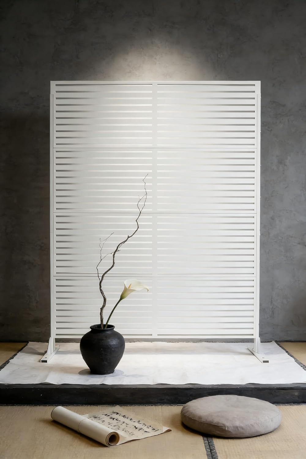 70.87" H White Metal Outdoor Privacy Screen, Freestanding Slatted Patio Divider with Stable Base, Decorative Fence Panel for Balcony, Backyard, Deck & Garden