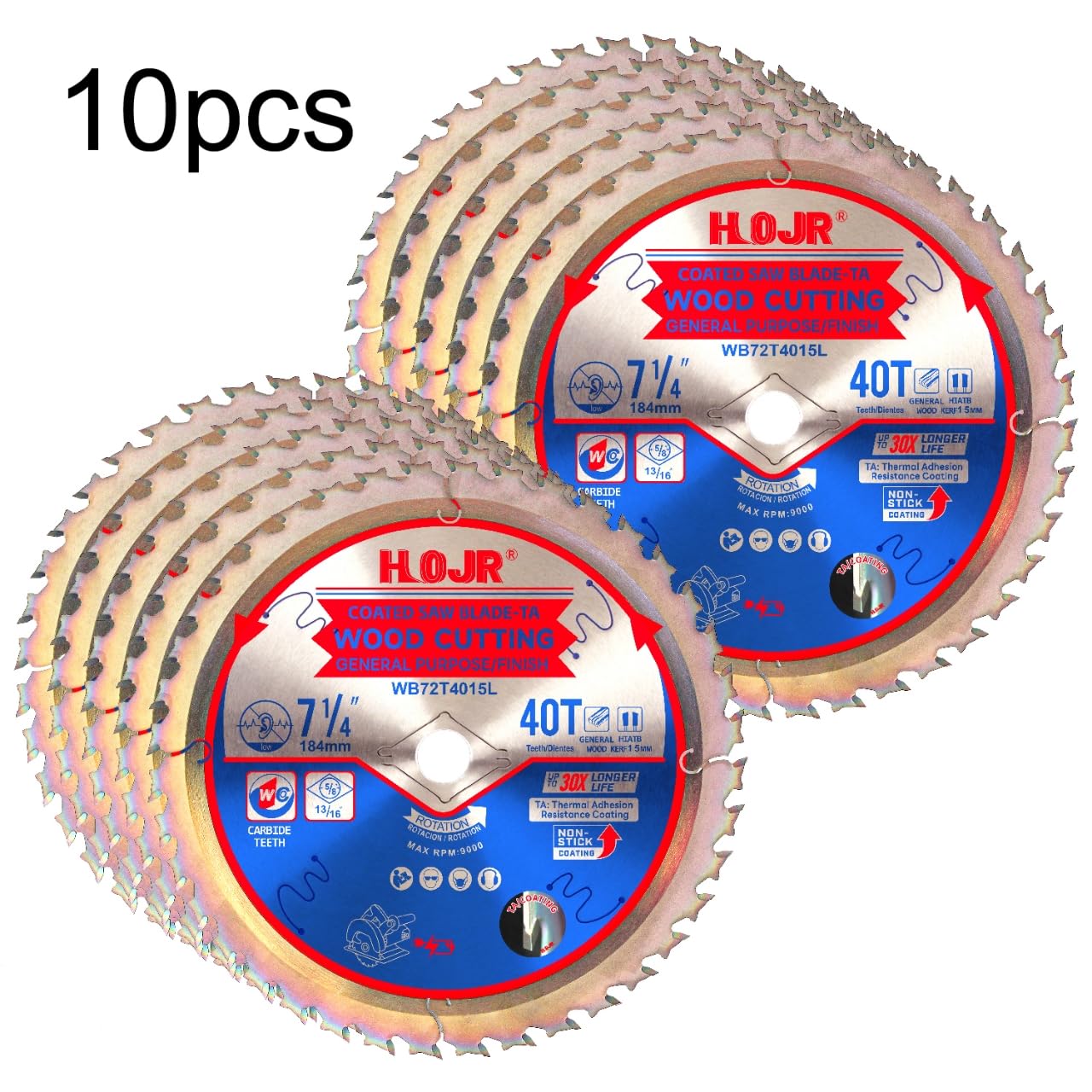 10-Pack 7-1/4" 40-Tooth 5/8" Arbor Circular Saw Blade, Framing/General Purpose Wood Cutting,Special Anti-Thermal Adhesion Coating on Cutting Edge-TA,High Finish, Long Life, 7-1/4" 40T 5/8"