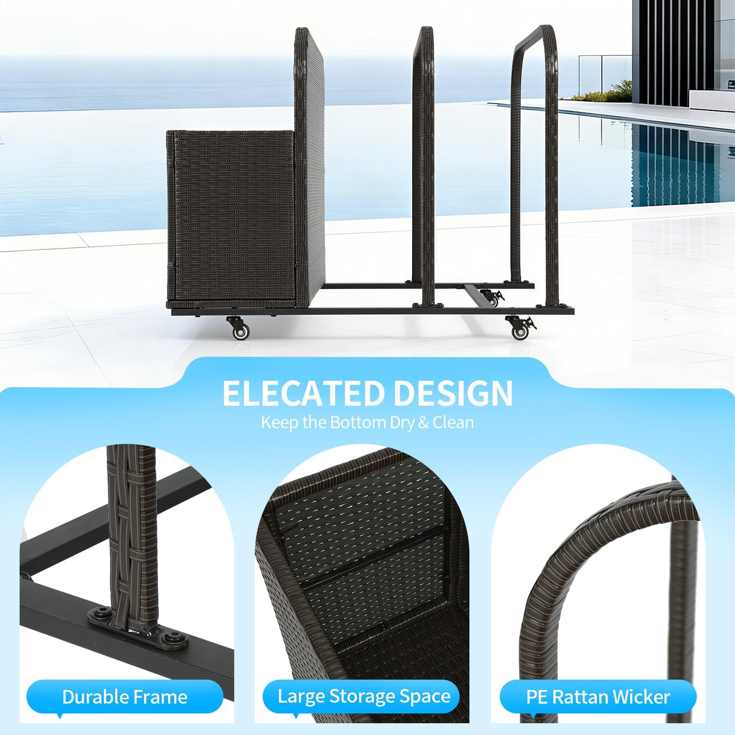 PayLessHere Pool Float Storage Wicker Pool Toy Storage Outdoor Storage Patio Outside Storage Basket with One Rattan Basket Two Open Compartments and Wheels for Pool Toy Life Vests Patio Furniture