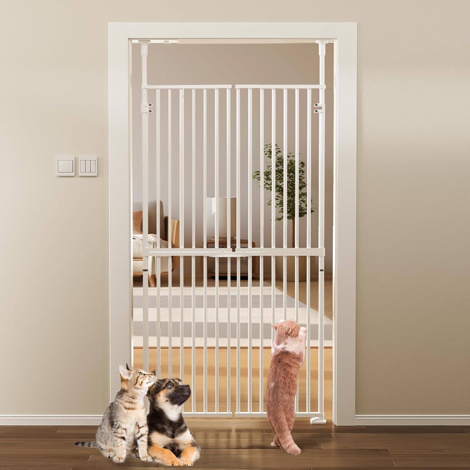 Aboron 76" Extra Tall Cat Gate for Doorway, 37.4"-40.5" Wide, No Drilling Pressure Mounted Double Doors for Stairs/Hallways/House, 1.25" Narrower Bar Spacing, White