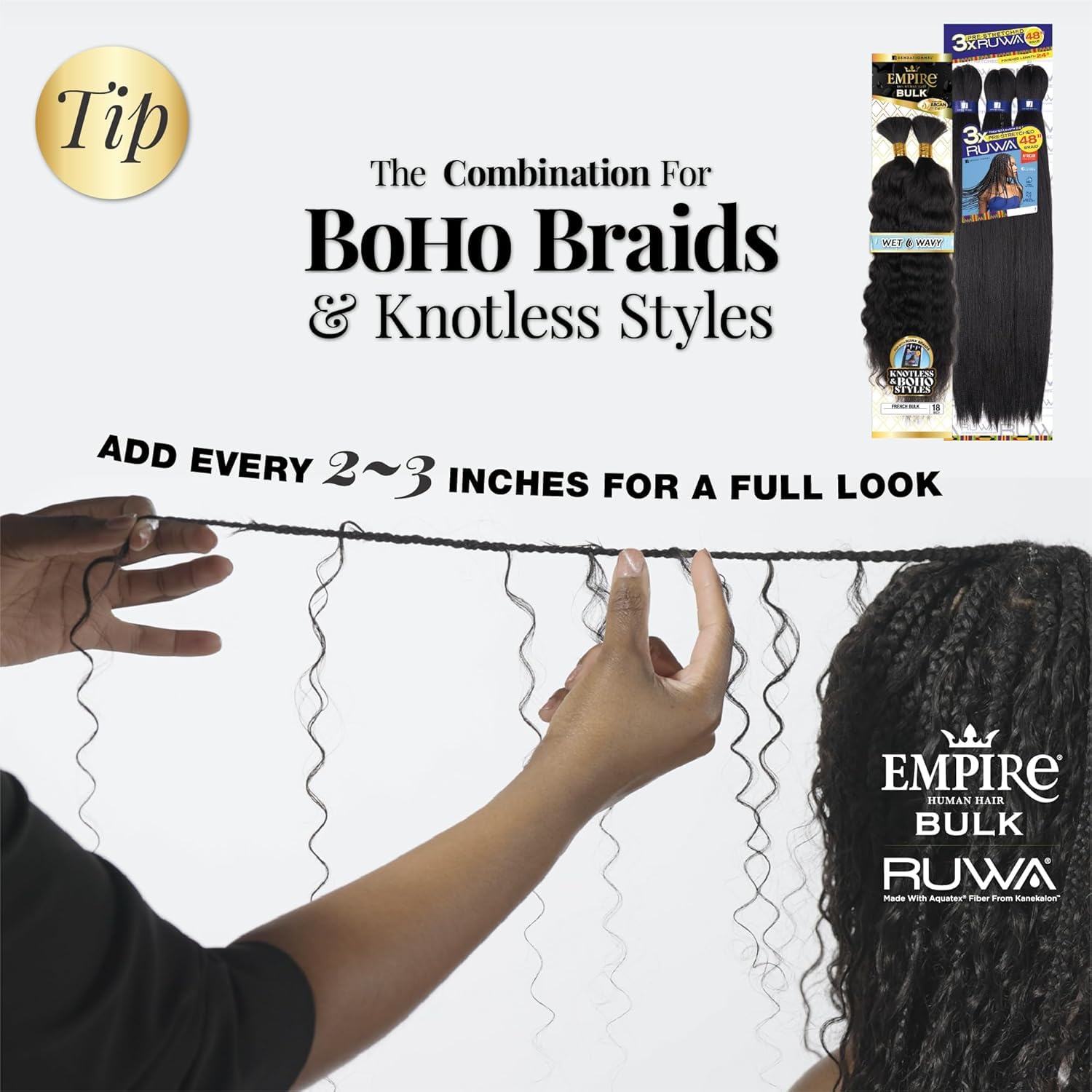 Sensationnel Empire Bulk Braiding – Wet and Wavy French Human Hair Braids for Knotless Boho Box or Curly Loose Wave Styles (18 inch, S4/27)