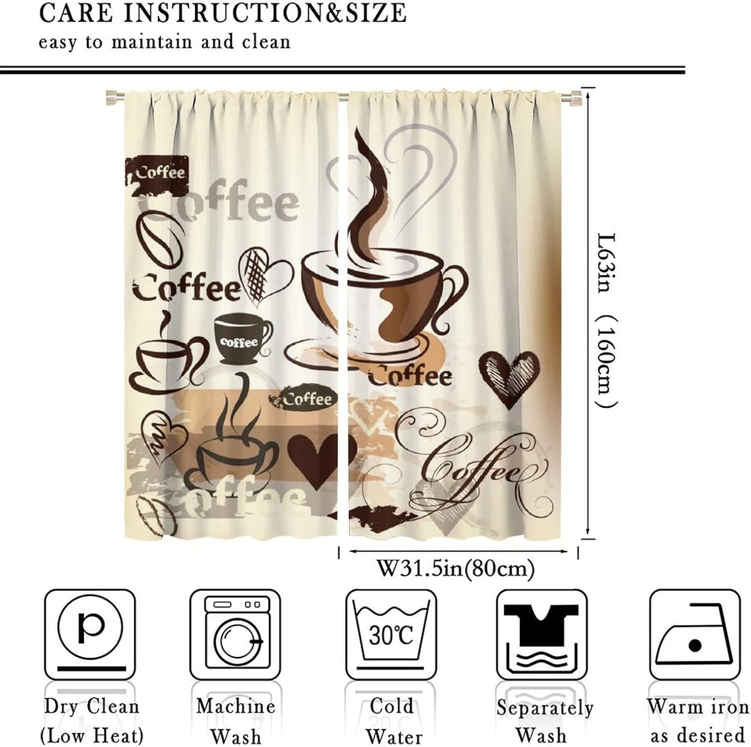 Coffee Kitchen Curtains, Coffee Theme Decor Coffee Curtains for Kitchen Windows, Cafeteria Tea Party Pattern for Café Decor 2 Panel Sets,63x63 Inch