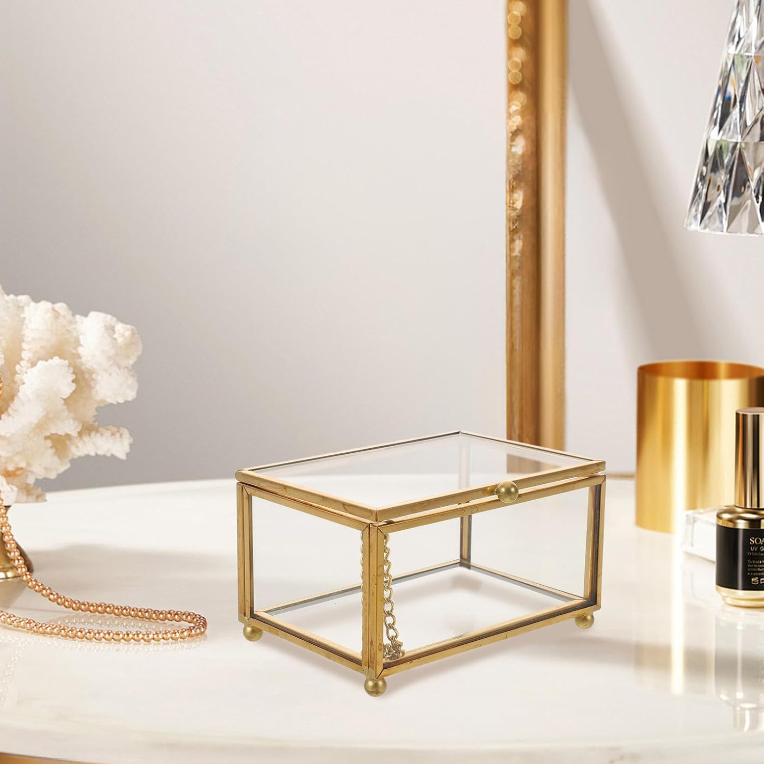 PRETYZOOM Vintage Glass Jewelry Box with Lid, Rectangular Display Case image 5