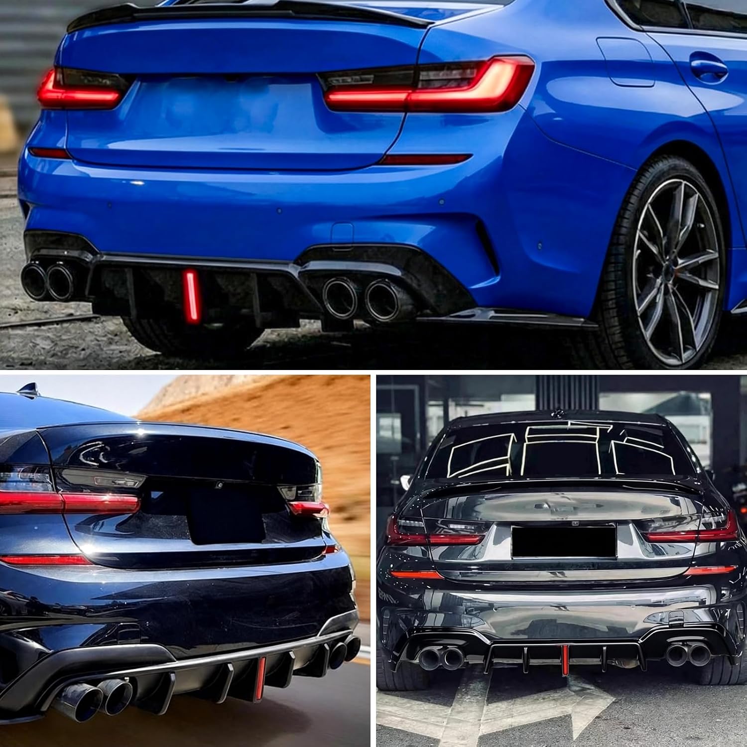 LED Rear Diffuser Fit for 2019-2022 3 Series G20 M Sport - Gloss Black Rear Bumper Lower Lip Fit for 330e 330i M340i with LED Red Brake Light