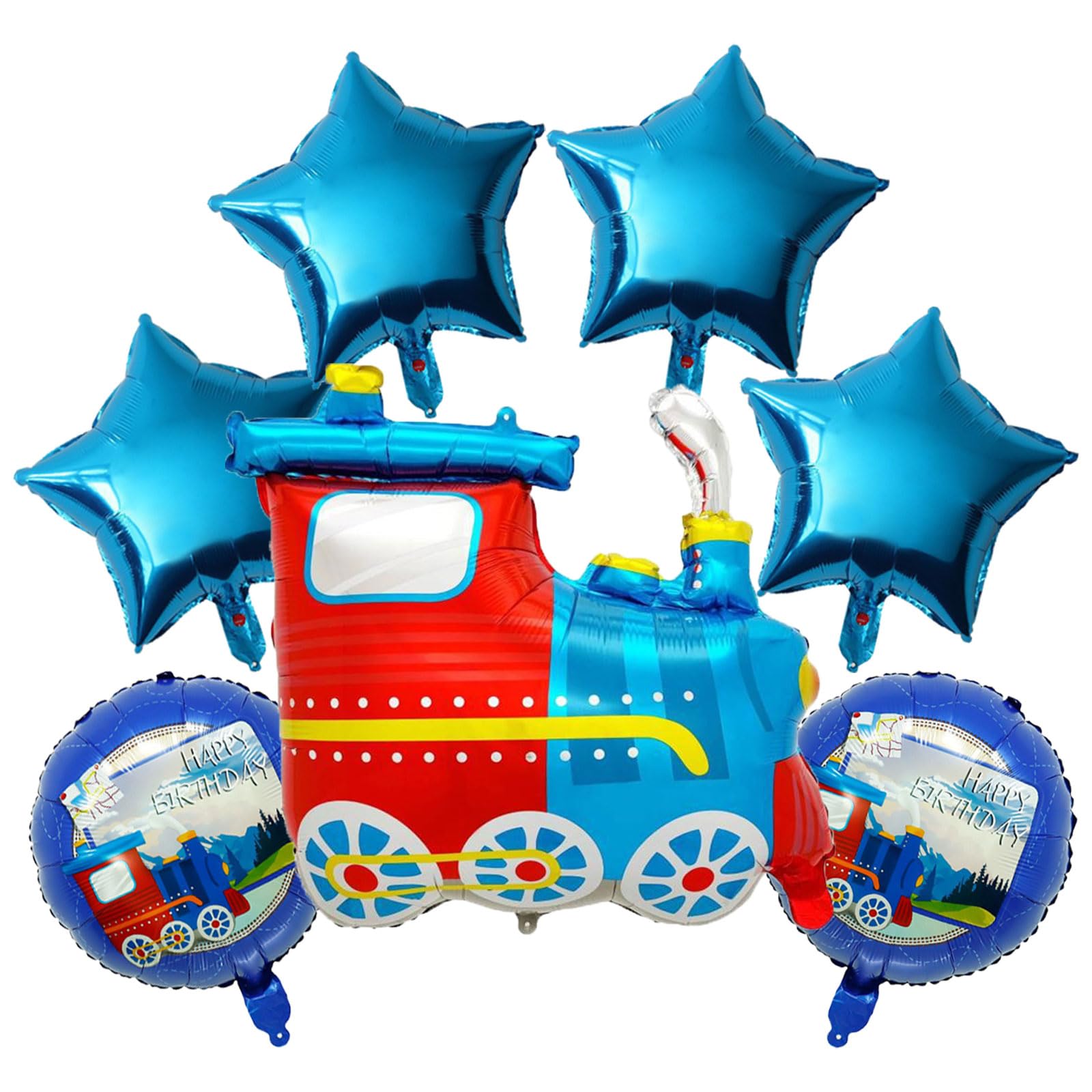 Train Foil Balloons, 7 Pieces, Train Theme Birthday Party Decorations with Five-Pointed Star Balloons for Baby Shower and Boy Birthday