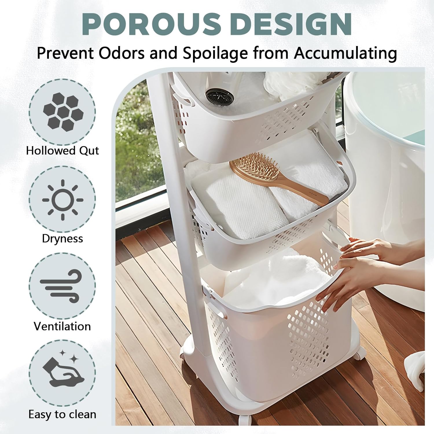 4-Tier Rolling Tiered Laundry Basket Organizer,Vertical Laundry Sorter with Wheels,Stacked Basket Holder for Bathroom & Laundry Room, White (54 Inch)
