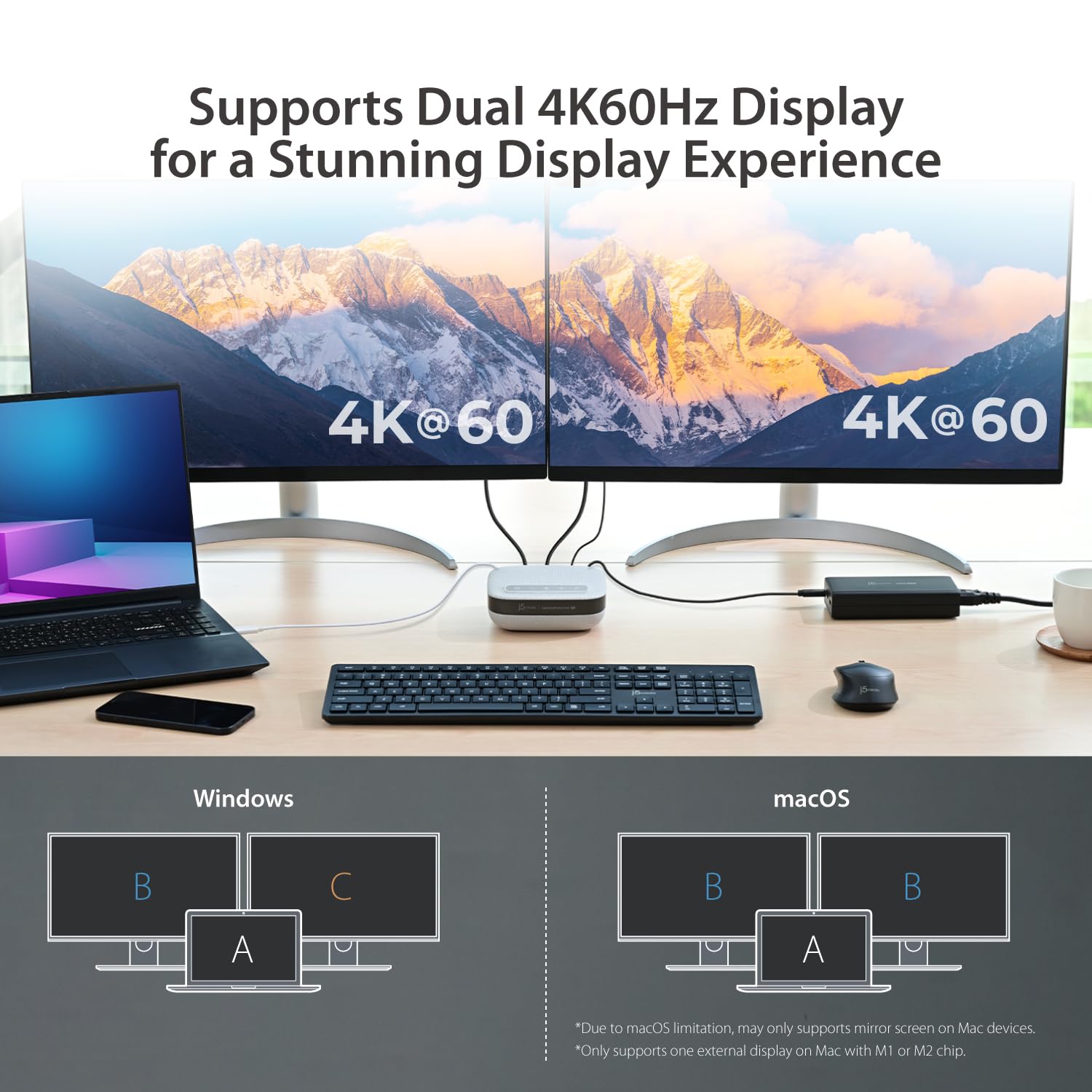 j5create USB-C Dual 4K Speakerphone Dock Pro, Dual 4K HDMI Audio Dock per videoconferenza, USB-A x 2, Type-C, Gigabit ethernet, ricarica pass-through - Funziona con Teams, Zoom (JCDS337)