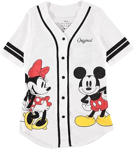 Disney Camiseta de béisbol de Mickey Mouse con botones para mujer, diseño de Mickey y Minnie Mouse