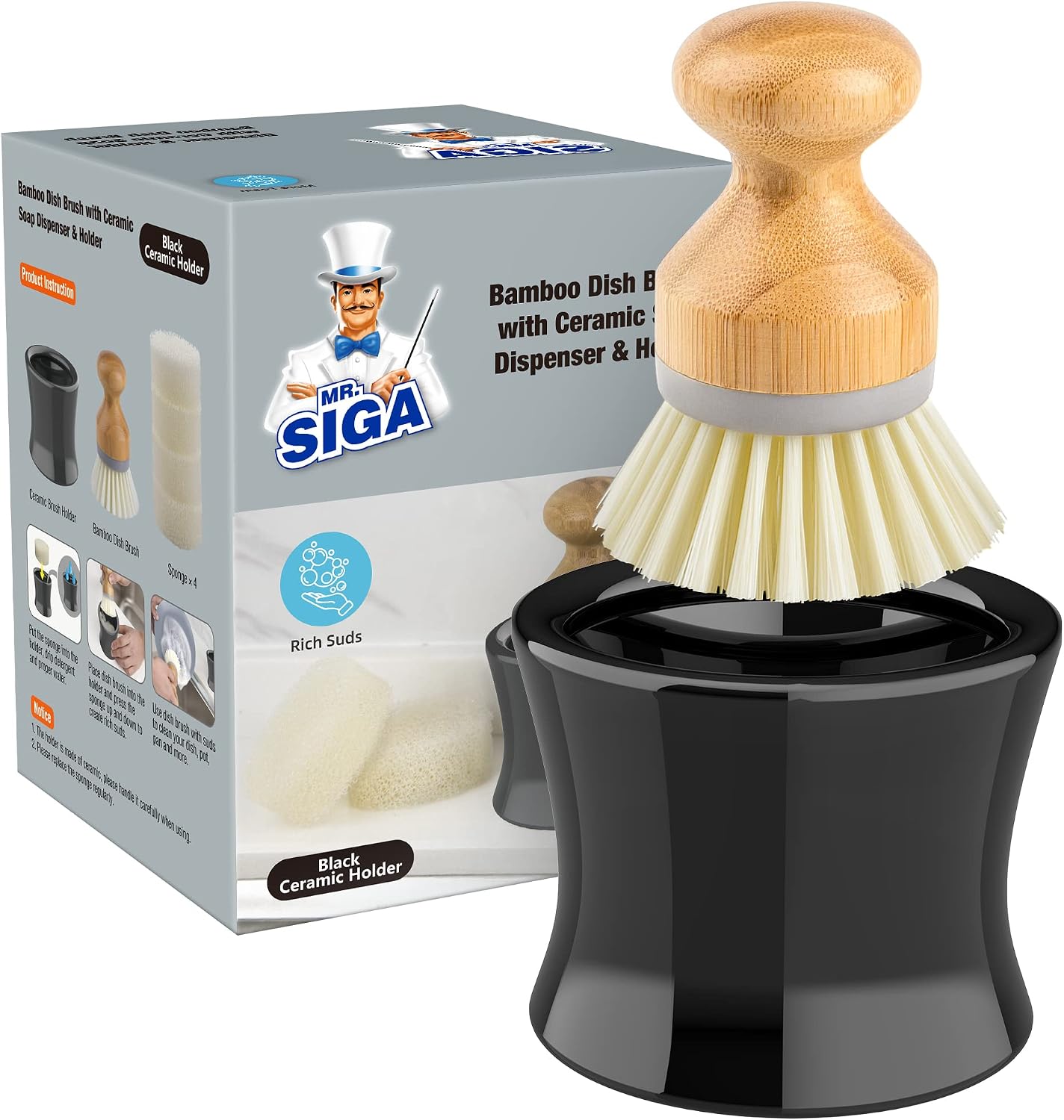 MR.SIGA Dish Soap Dispenser & Holder, Bamboo Dish Brush with Soap Dispenser Set, Includes 4 Replaceable Sponges, Dish Brush Holder in Black