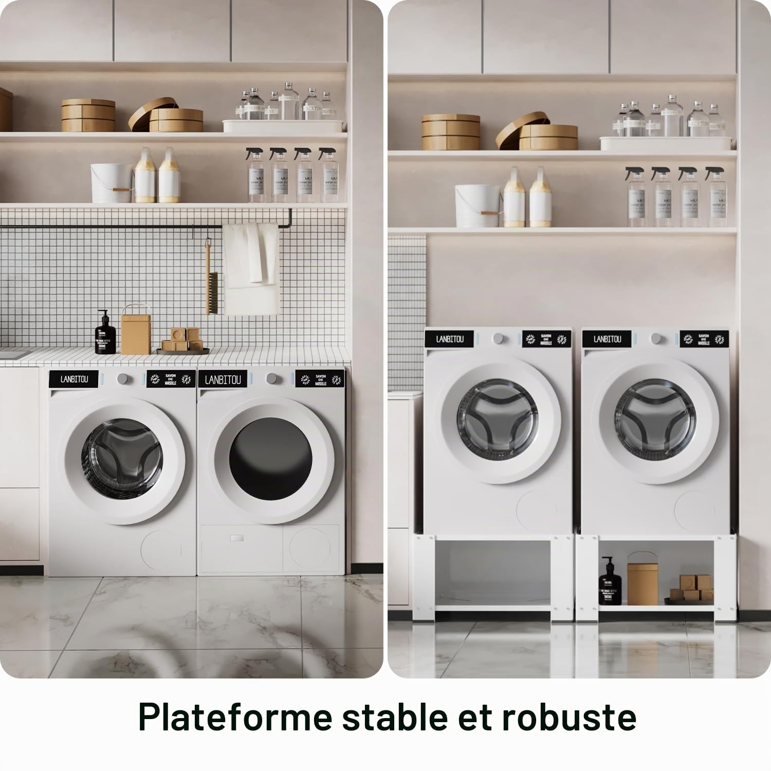 Fiqops Support de machine à laver avec étagère jusqu'à 150 kg, meuble bas pour machine à laver, socle stable pour sèche-linge, réfrigérateur, 60,6 x 60,6 x 40 cm, blanc