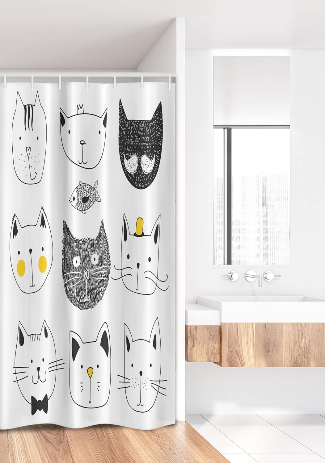 Ambesonne Cat Stall Shower Curtain, Cats with Moustache Bow Tie Hat Crown Fluffy and Fish Humor Faces Graphic, Fabric Bathroom Decor Set with Hooks, 36" W x 72" L, Yellow Grey