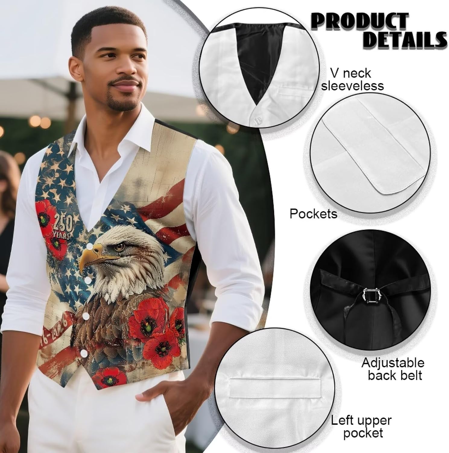 Tupalatus Patriotic Mens Suit Vests Casual Breathe Smooth Mens V Neck Sleeveless Vest for 250th USA Anniversary Celebrations