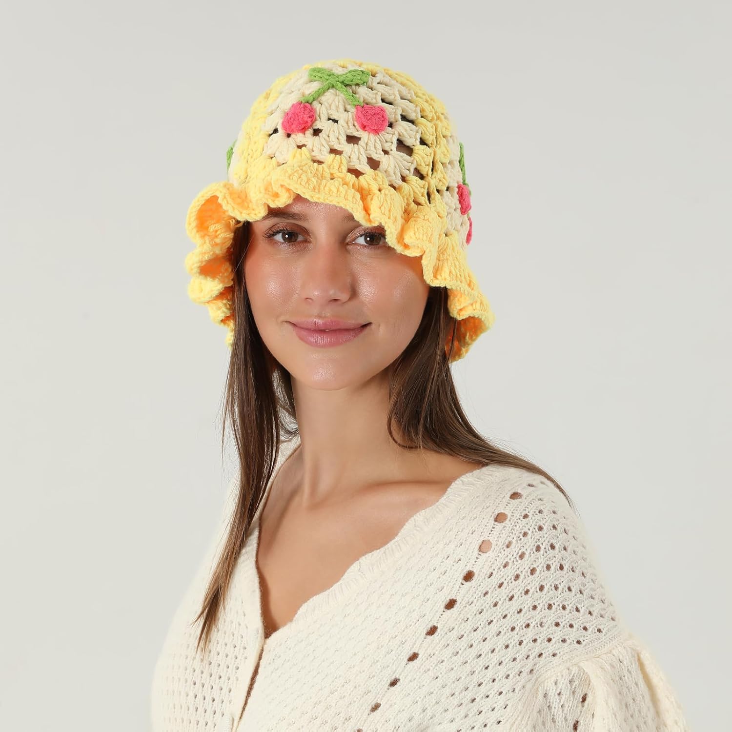 Fiewmay Crochet Bucket Hat for Women Handmade Floral Hat Portable Knitted Elastic Cute Beach Hat for Vacation Traveling - Image 6