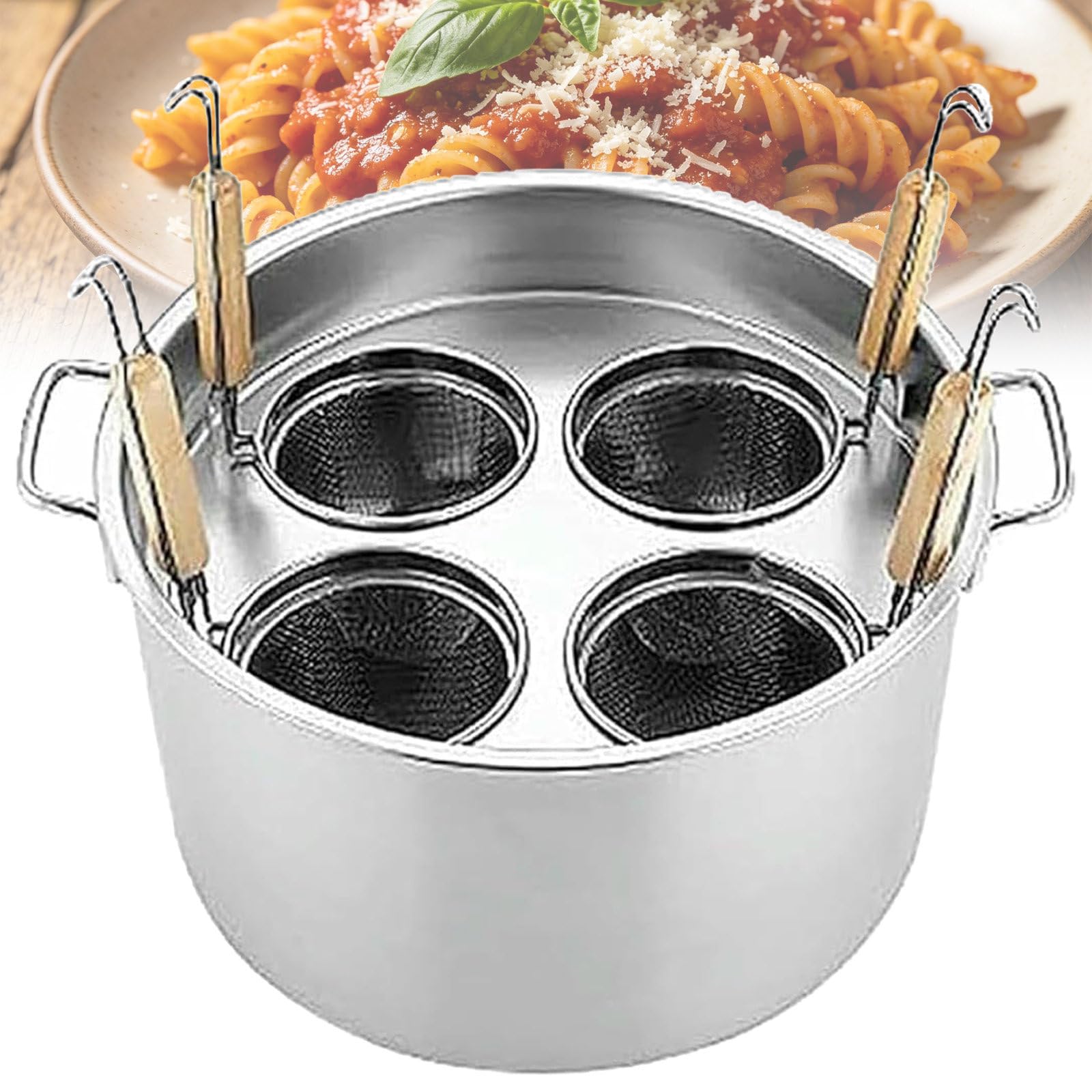 Wielofunkcyjny Garnek z 5 Otworami i Cedzakiem do Makaronu z Uchwytami Termoodpornymi do Uniwersalnego Gotowania Spaghetti i Warzyw 4Holes