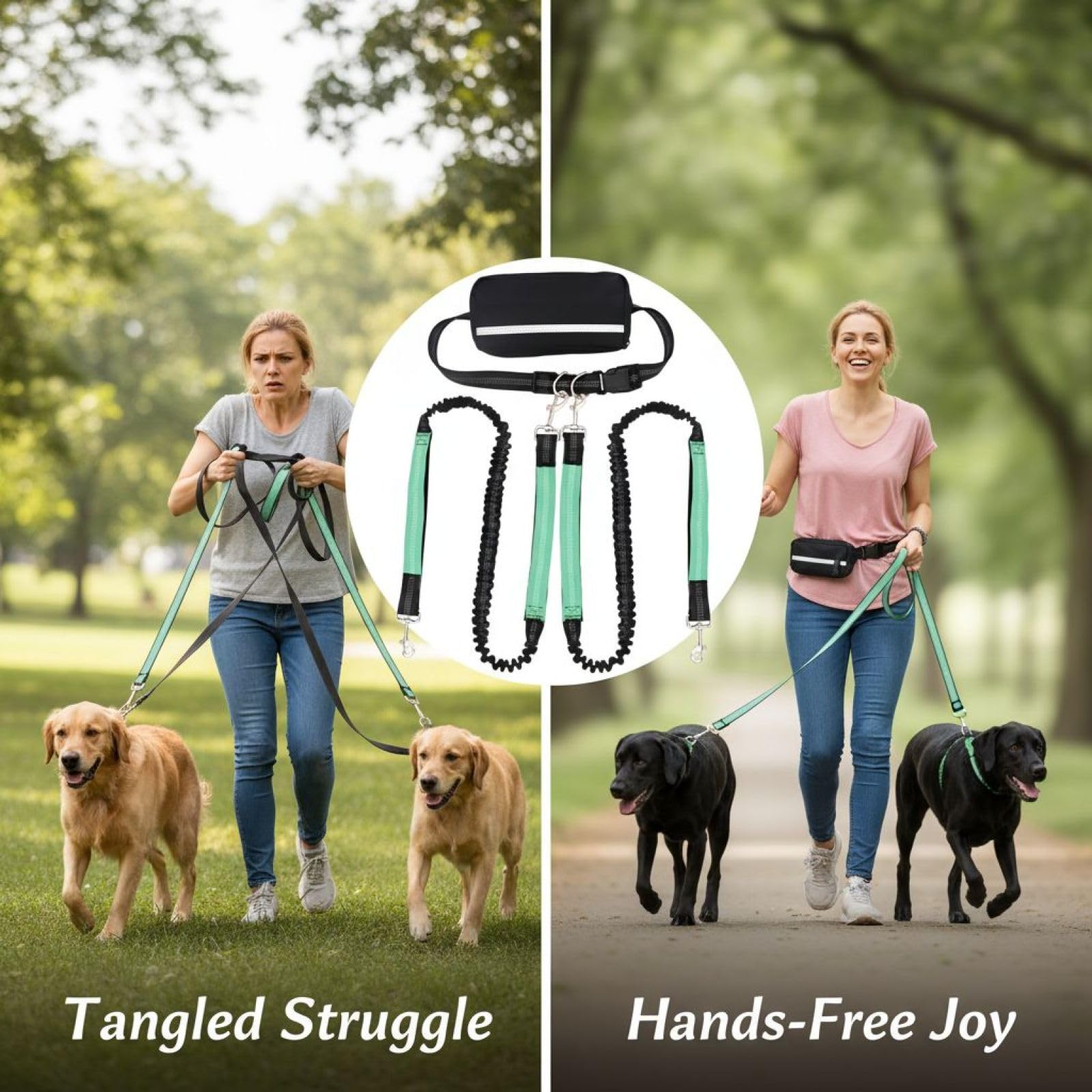 Laisse Mains Libres pour Chien avec Pochette, Laisse Double pour Deux Chiens, Laisse élastique rétractable, système Anti-emmêlement, Ceinture réglable, Bandes réfléchissantes, Nylon renforcé, Vert