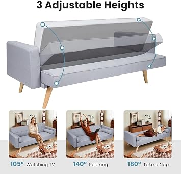 Sofa Beds 3 Seater Sofas with Upholstered Convertible Sofas & Couches Couch Adjustable Angle Sofas with Metal Legs for Living Room/Spare Room/Guest Room Light Gray