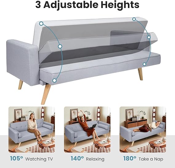 Sofa Beds 3 Seater Sofas with Upholstered Convertible Sofas & Couches Couch Adjustable Angle Sofas with Metal Legs for Living Room/Spare Room/Guest Room Light Gray