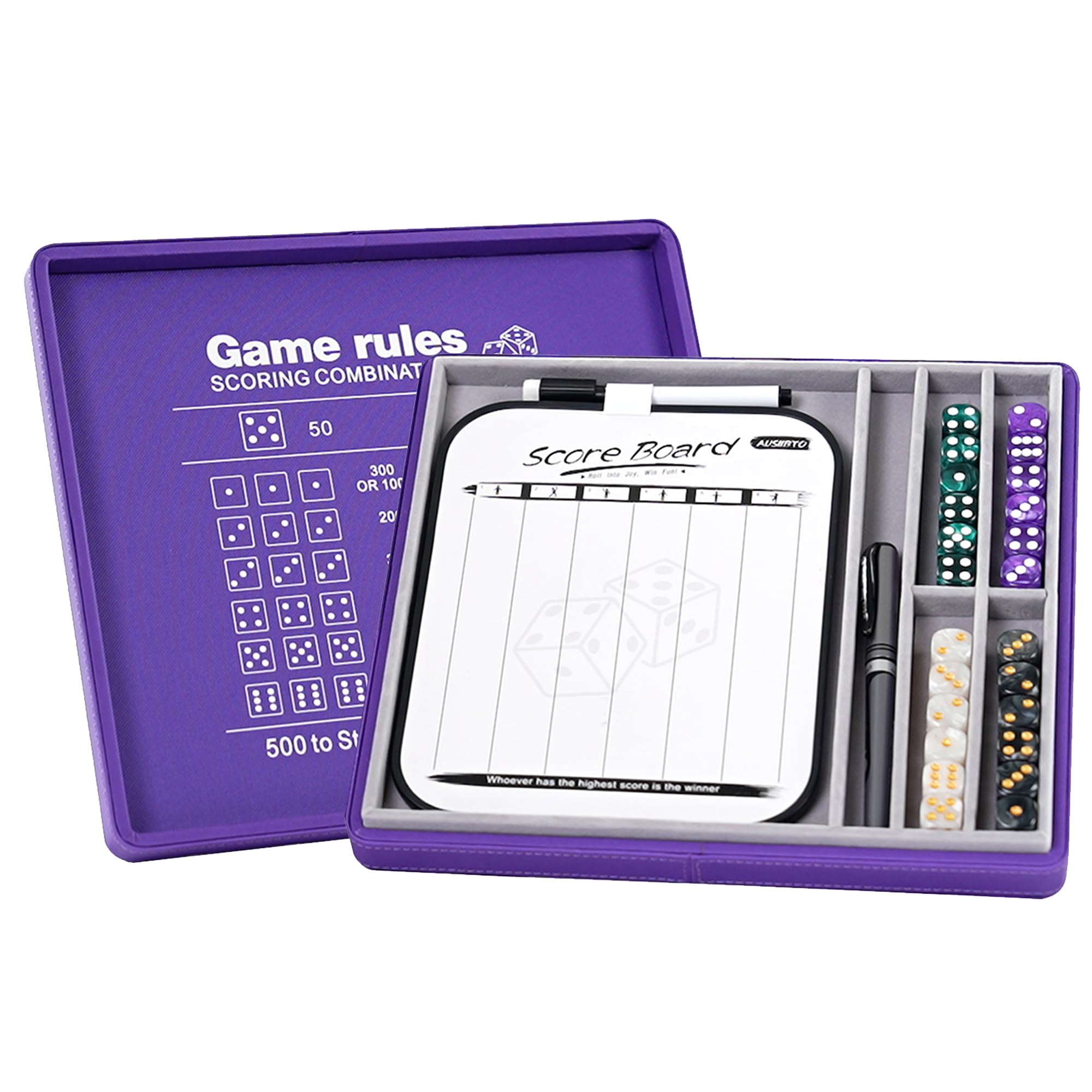 AUSIIBTO Classic Dice Game Sets - Dry Erase Score Board, Pearl Dice, Score Sheet Pads, Pen, Easy to Follow Printed Rules for Adults, Farkle Board