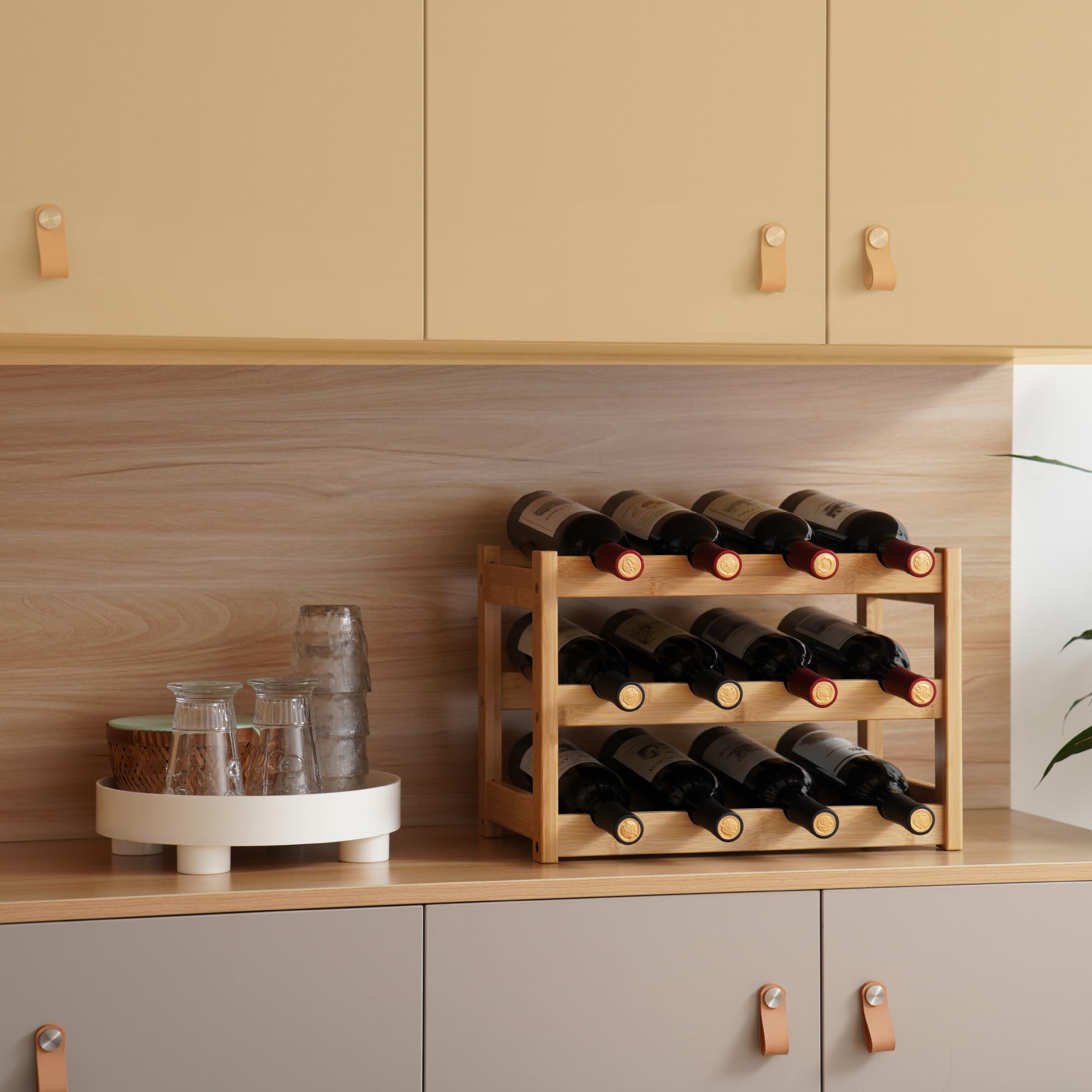 VASMIA Botellero de bambú, Soporte para 12 Botellas, estantes de Almacenamiento Independientes de 3 Niveles para Cocina, despensa, Bodega Bar Natural - 3