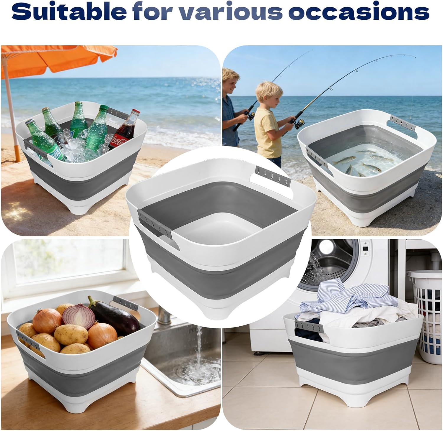2nd Gen Collapsible Wash Basin for Baby Bottle Washer, 2.4 Gallons Portable Dish Pan Bucket for Camping Kitchen Sink (Grayish White, 3 Pack)