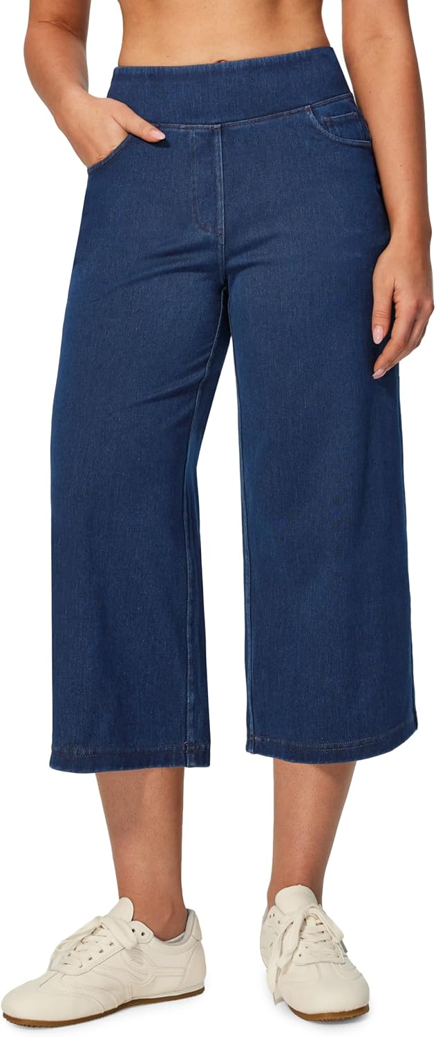 Heathyoga Capri Jeans for Women Stretchy High Waisted Denim Capris for Women Pull On Cropped Jeans Wide Leg Capri Pants