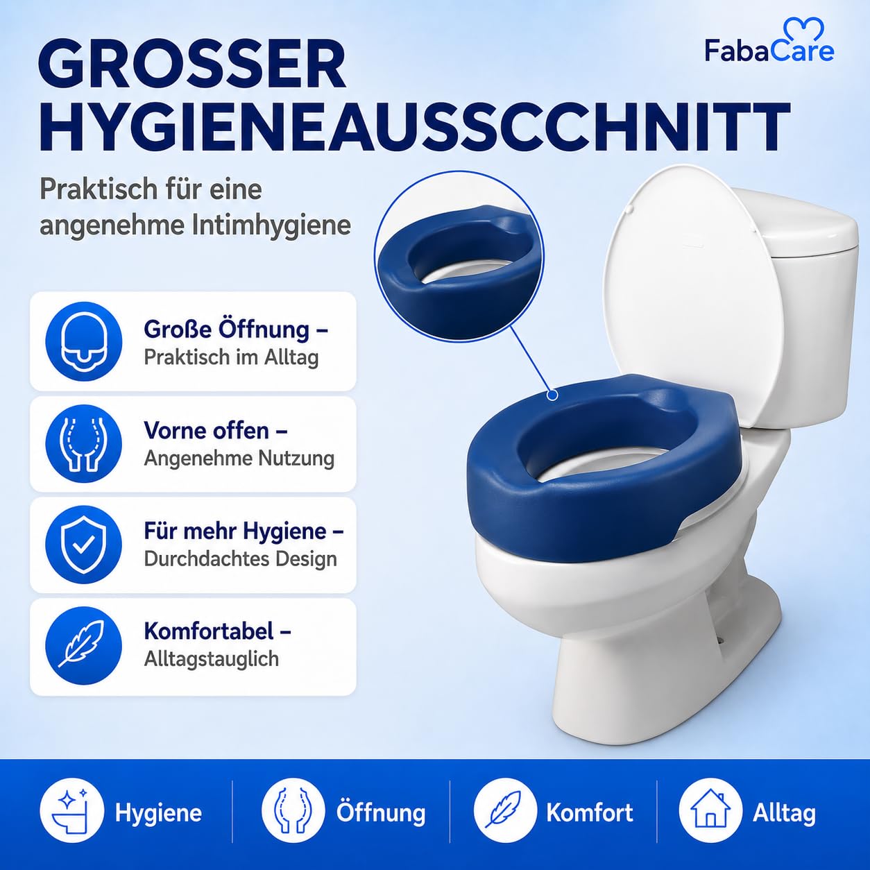 FabaCare Toilettensitzerhöhung Conti Soft, weicher Toilettenaufsatz, WC-Sitz blau, bis 100 kg, Höhe 10 cm