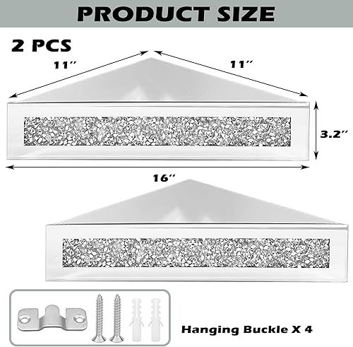 Miniatura 3 de Royxen Estantes flotantes de esquina, 2 juegos, estante de esquina montado en la pared, diamante triturado, estantes esquineros de cristal