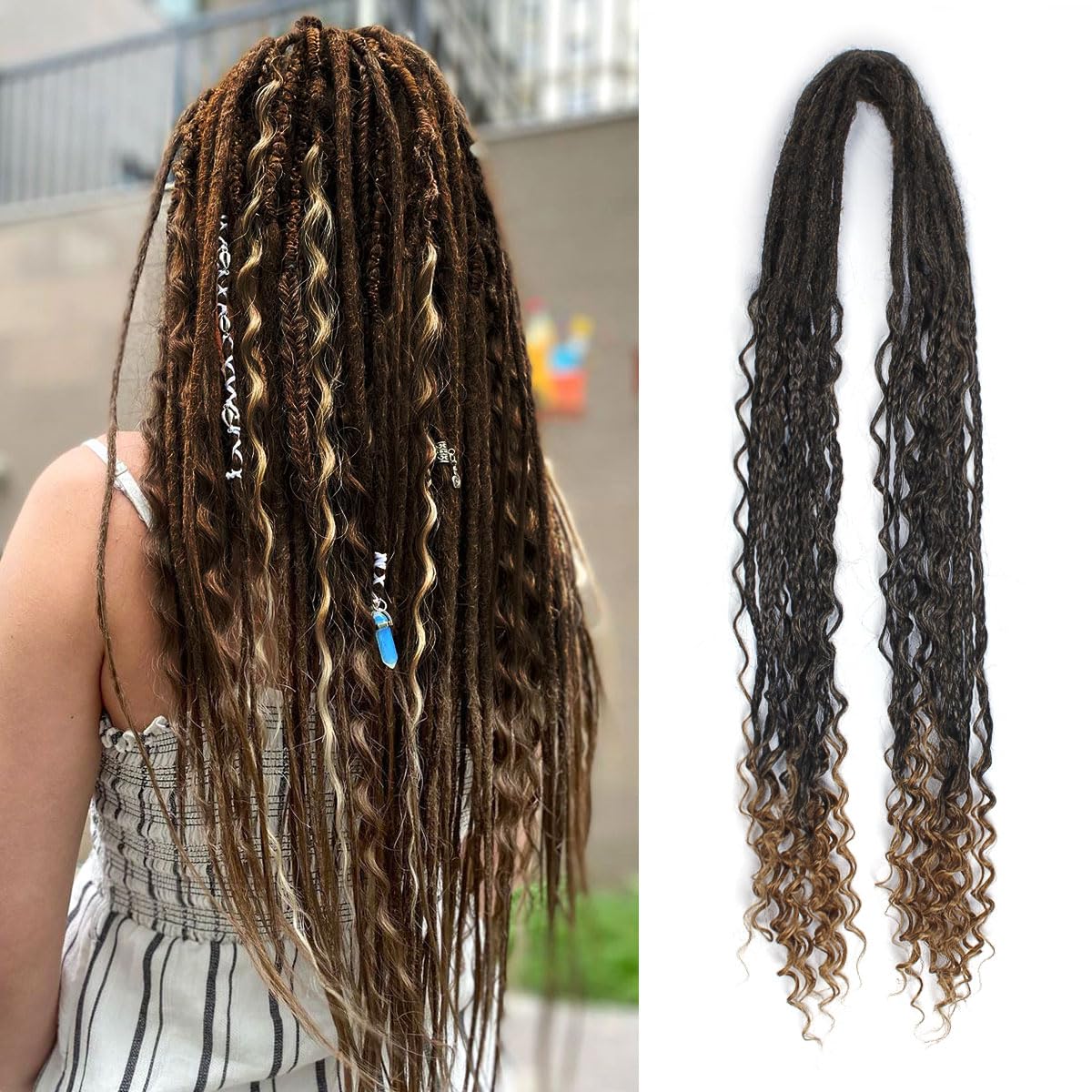 Lounoke 24 In Boho Braid Dreadlock Extensions, 10 Strands Ombre Brown Synthetic Curly Dreads Extensions with Box Braid, 100% Handmade Dreads Hippie