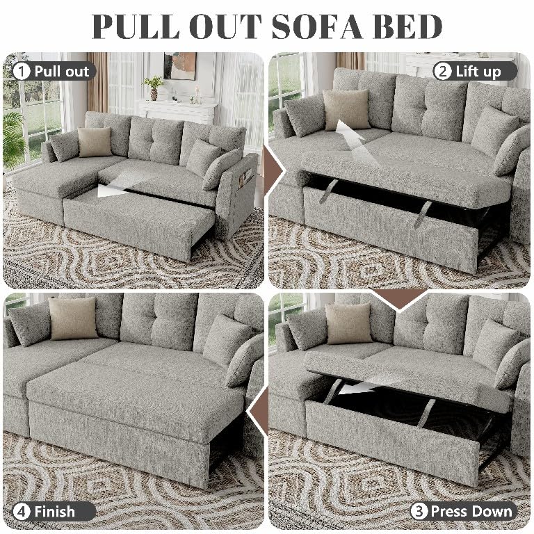 Image of Huatean Home Sleeper Sofa Couch, 2 in 1 Sectional Sleeper Couch Bed with Side Pocket, Pullout Sofa Bed with Storage Chaise for Living Room, Light Grey
