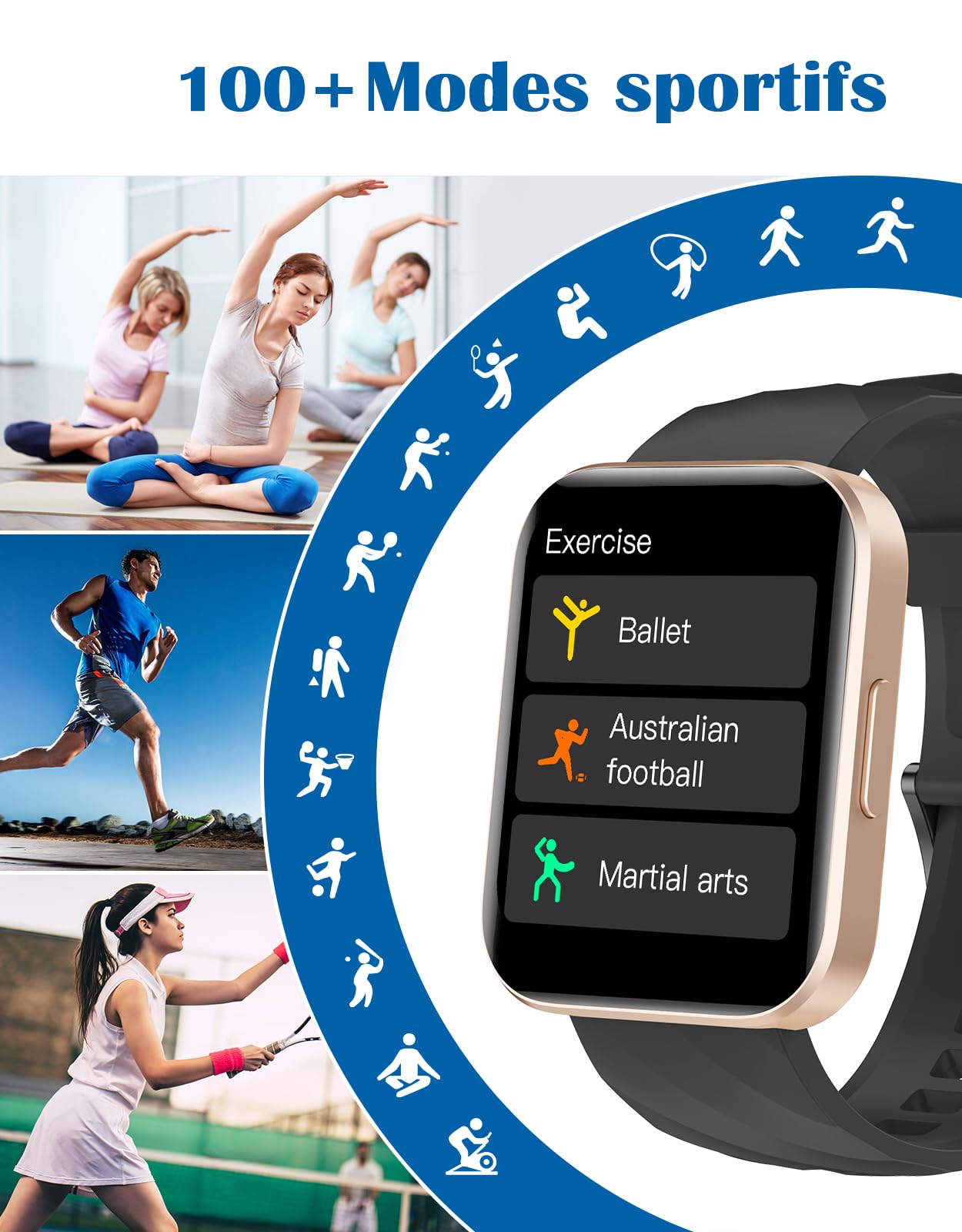 RUIMEN Montre Connectée Homme Femme Montre Sport Appel pour Android iOS | Smartwatch Etanche IP68 Podometre Cardiofrequencemetre Oxymetre SpO2 Multisport Notification Chronometre Cycle Menstruel
