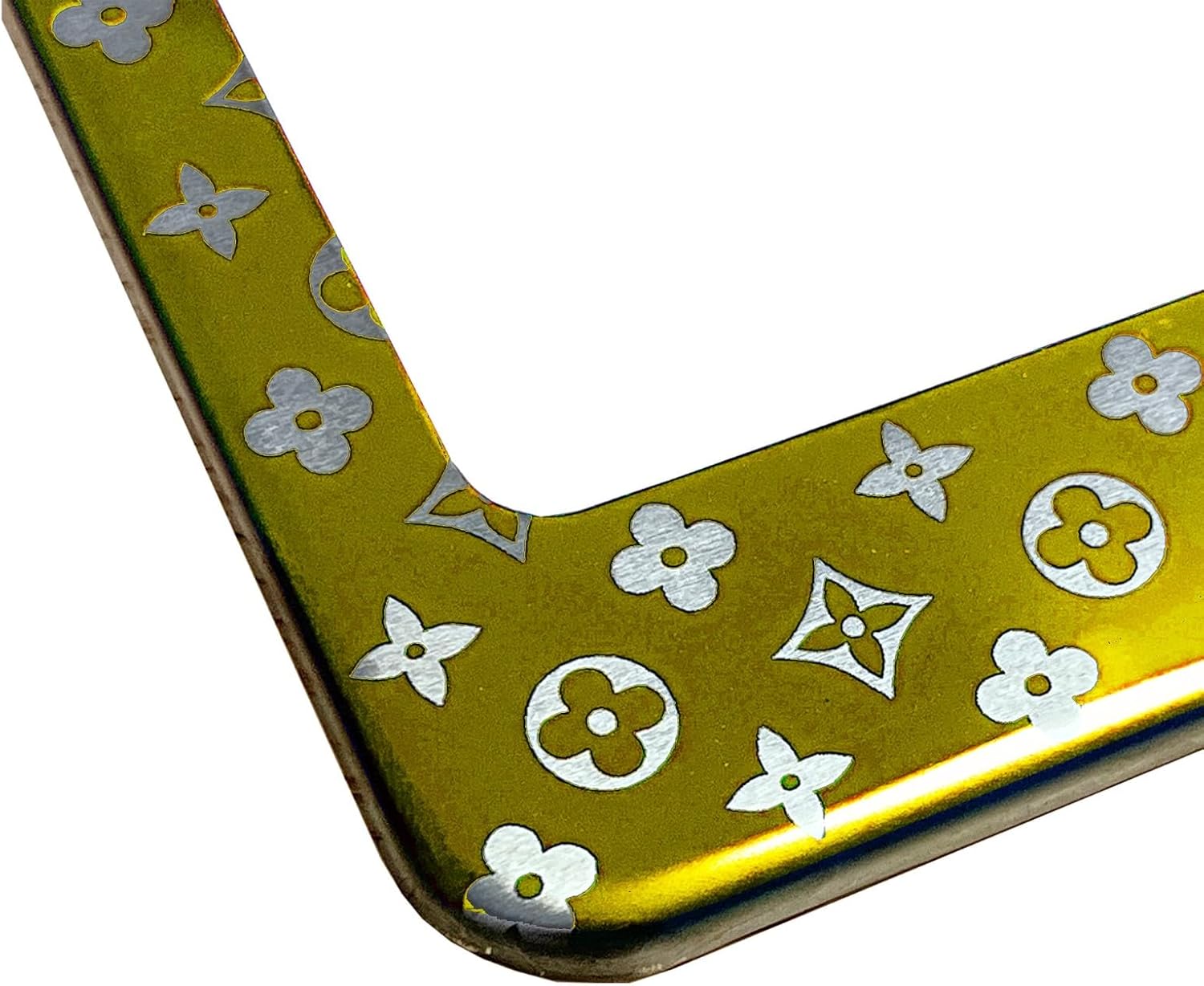 Gold Chrome Laser Etched Luxury Designer Monogram Four-Point Star Inside a Diamond Four-Petal Flower T304 Stainless Steel License Plate Frame Holder with Metal Screw Caps Cover (Qty: 1 Frame)