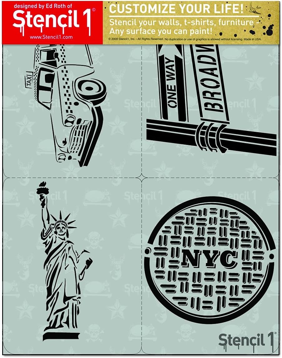 Stencil1 NYC 4-Pack Stencil Set - Attractive & Durable Quality Reusable Stencils for Painting - Create Stencil Crafts and Decor - Decor on Walls Fabric & Furniture Recyclable Art Craft - 8.5" x 11"