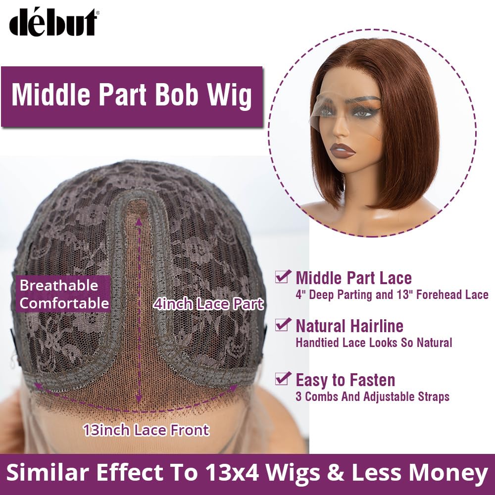 Reddish Brown Human Hair Short Bob Wigs, T Part Lace Front Wigs for Black Women, Brazilian Virgin Straight Hair Middle Part Wigs Light Brown 8 Inch