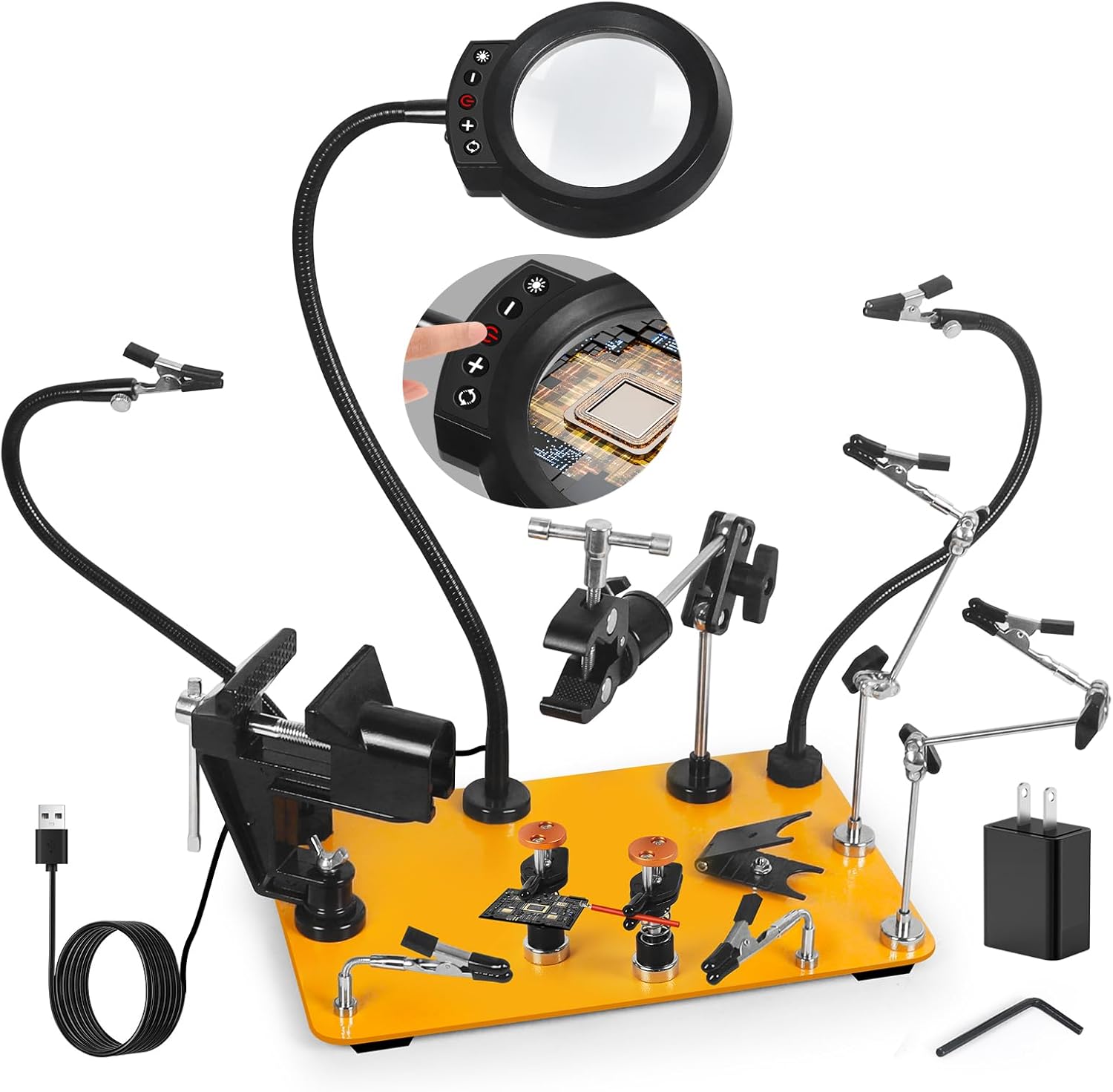 NOEVSBIG Helping Hands Soldering Station with 5X Magnifying Lamp, Magnetic Flexible Arms, 360° Soldering Clamps, Workbench Vise & Large Stable Base, and Helping Hands Clamp for Electronics Repair DIY