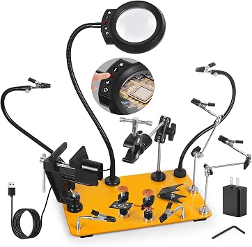 NOEVSBIG Helping Hands Soldering Station with 5X Magnifying Lamp, Magnetic Flexible Arms, 360 Soldering Clamps, Workbench Vise & Large Stable Base, and Helping Hands Clamp for Electronics Repair DIY