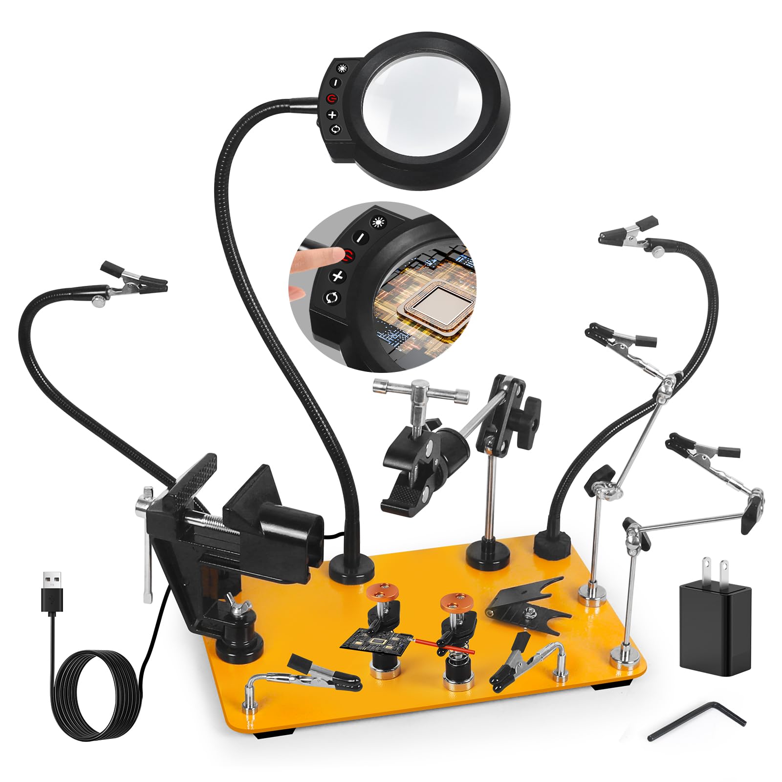 NOEVSBIG Stazione di saldatura Helping Hands con lampada d'ingrandimento 5X, bracci magnetici flessibili, morsetti per saldatura a 360°, morsa da banco da lavoro e grande base stabile e morsetto per